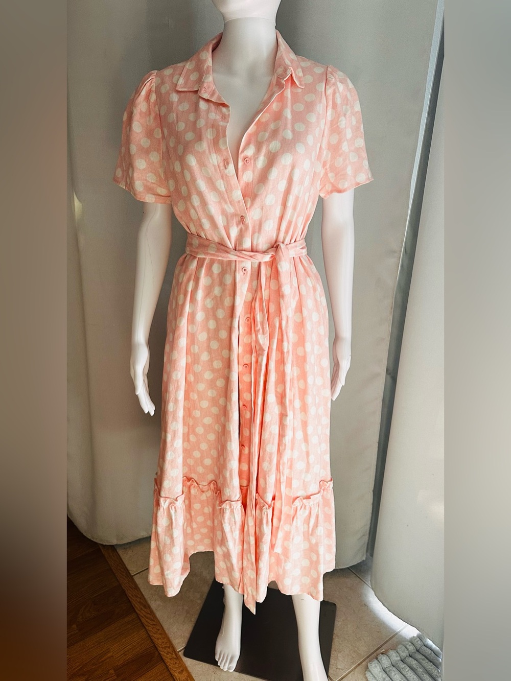 Polka Dot Button-Front Shirt Dress in Light Peach, Linen blend, from Designer